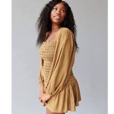 Urban Outfitters Francis Smocked Long Sleeve Plaid Mini Dress Brown M NWOT