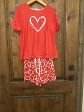 Women's Red Heart Print PJs Set 2 Pc Top & Shorts