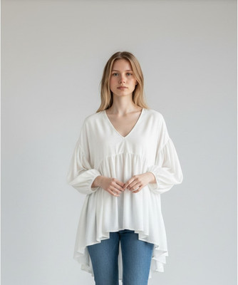 DIXIE Bluse weiß Damen Viskose V-Ausschnitt Ballonärmel Boho Chic