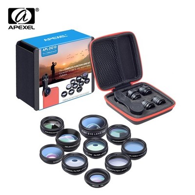 APEXEL 10 in 1 Smartphone Lens Kit Fisheye Wide-Angle Macro Lens CPL Filter 2X