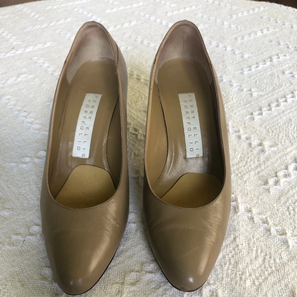 De Colección Perry Ellis Portafolio Tacones Cuero Taupe Verde Diamante Años 80 Italia 8 B Carrera Foto 2 de 4