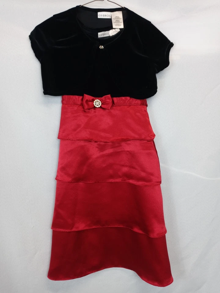 Vestido George Niñas Talla 8 Rojo Satinado Negro Terciopelo Bolero Vacaciones Fiesta de Navidad Foto 2 de 4