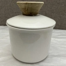 Dowan Ceramic French Butter Keeper With Wooden Handle On The Lid