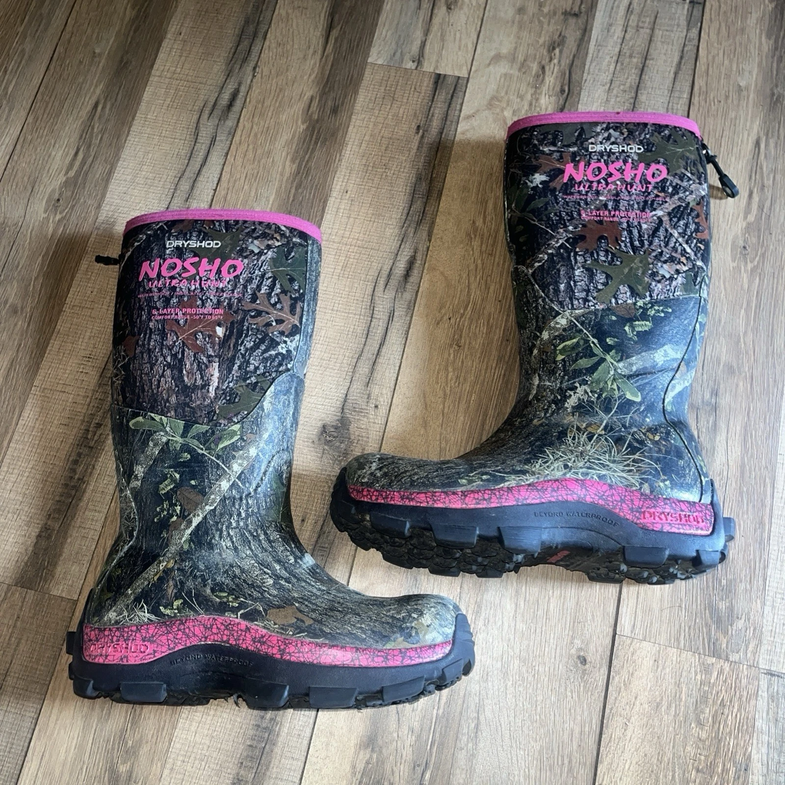 Women’s Dryshod NoSho UltraHunt Hunting Muck Boots Camo And Pink Size 6/6.5