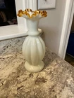 Vintage Fenton  Ruffled  Amber Crest Milk Glass Vase 1940s 9 in tall