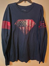 American Flag Superman T Shirt Mens Long Sleeve Size XL Blue Grunt Style--EUC 