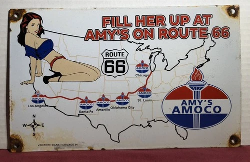 Vintage 1956 Dated Amy's Amoco 12” Porcelain Route 66 Sign Gas Oil