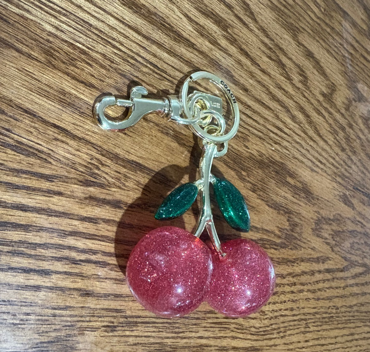 Coach Cherry Bag Charm Keychain Resin Metal Brass Pink for Handbag