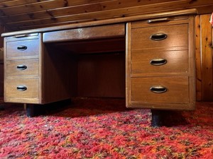 Vintage DESK MCM / ART DECO BY HOOSIER ‘True Clear Thru’ Walnut W/Brass Railroad