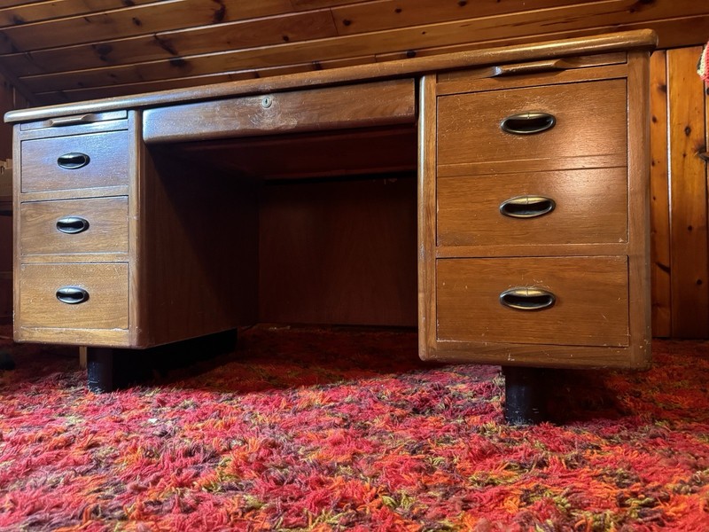 Vintage DESK MCM / ART DECO BY HOOSIER ‘True Clear Thru’ Walnut W/Brass Railroad
