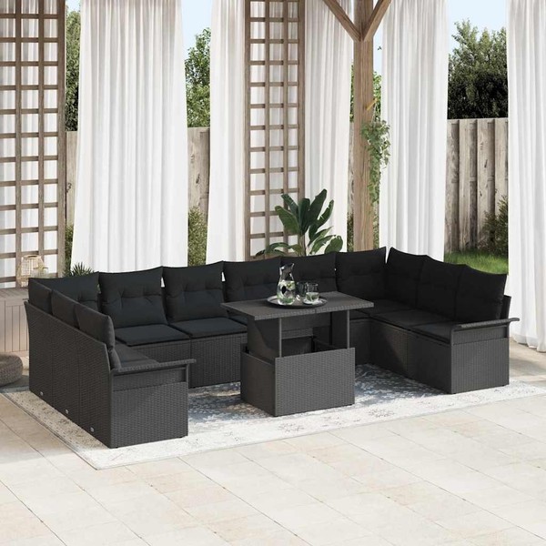 Garten-Sofa-Set Mit Kissen 11 Pcs Schwarz Poly Rattan-image