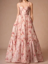 Azazie Women's Halame Apricot Multi Sleeveless Floral A-Line Gown US Sz 4 NWT