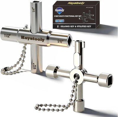 4-Way Sillcock Key, 2-Pack 40Cr Water Key, Multi-Functional & Utility Wrench, Sh