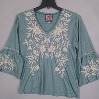 Johnny Was Soft Teal Embroidered Floral Top Large Boho Bell Sleeves