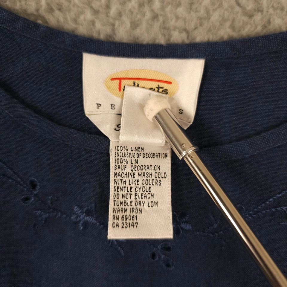 Camiseta sin mangas Talbots vintage para mujer MP azul bordado lino irlandés dobladillo festoneado Foto 4 de 4