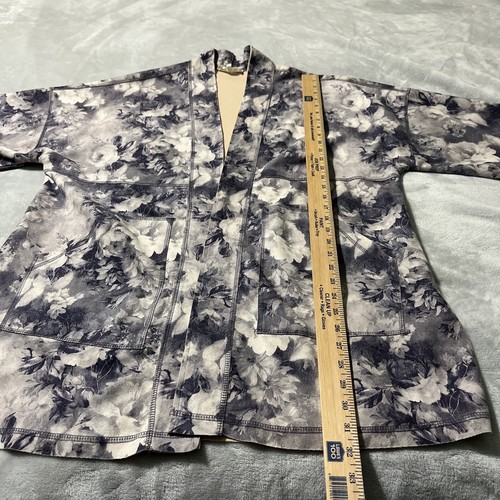 Solitaire Medium Faux Suede Open Cardigan Duster Jacket Pockets Navy Cream Roses - Picture 6 of 11