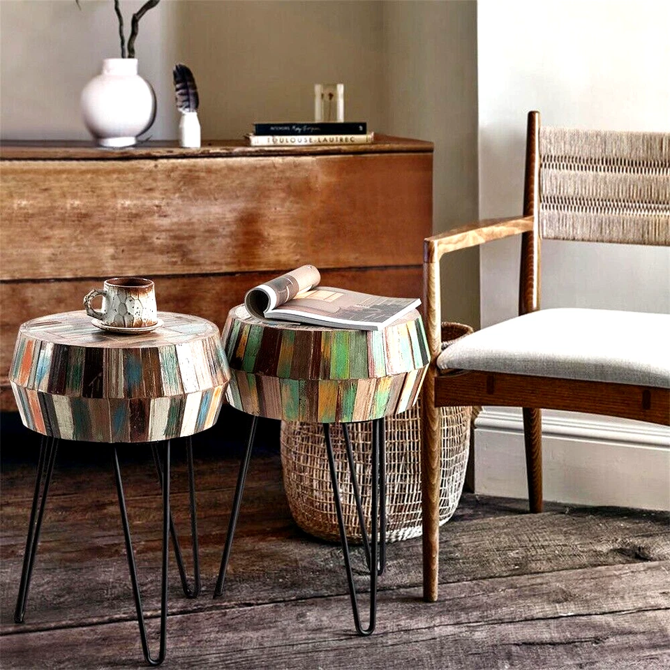 Greenage Side End Table Solid Reclaimed Wood  Nightstand Round 3D Round  22" H - Image 4 of 4