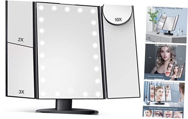 High-Performance Black LED Vanity Makeup Mirror with 2X 3X 10X Magnification-image