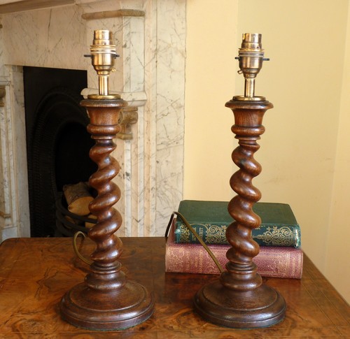Pair Oak Barley twist lamps Table Bedside Desk lamp bases