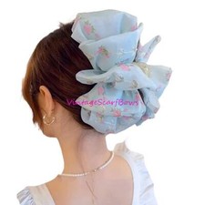 Blue floral chiffon hair claw clip Barrette scarf Hand crafted over sized hair
