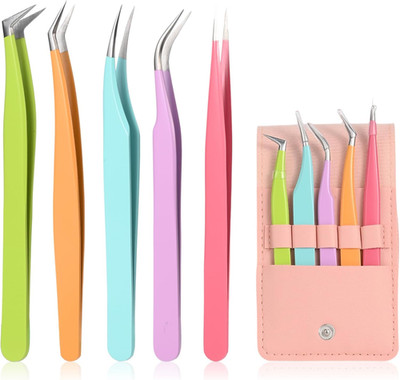 5Pcs Eyelash Extension Tweezers High Precision，Straight and Curved Volume Lash T