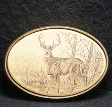 WJ13114 VINTAGE 1983 BUCK IN TREES ANIMAL NATURE MENS SOLID BRASS BELT BUCKLE