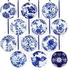 12 Pcs Chinoiserie Porcelain Ornaments for Christmas Tree White and Blue