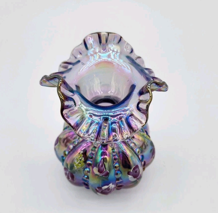 Fenton Glass VIOLET IRIDESCENT HP BEADED MELON LE VASE Cracker