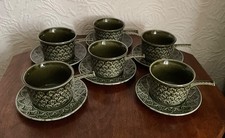 Tams Soup Bowls With Handle & Saucers 1960s Set Of 6 Dark Green Retro