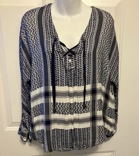 Women’s Rails Lily Sapphire XS Jacquard Long Sleeve Top Boho Hippie Blue White