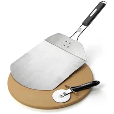 3 piece pizza grilling pack, 13” round pizza stone for grill with cutt