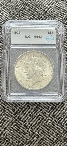 1922 Silver Peace Dollar Coin ICG Certified Graded MS63 (90% Silver, 10% Copper)