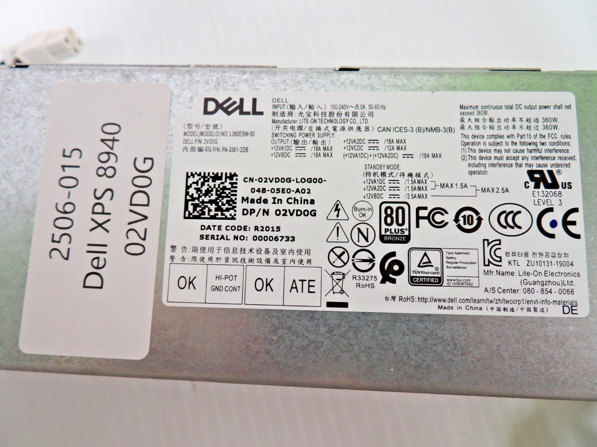 Dell XPS 8940 POWER SUPPLY 360W MODEL L360EBM-00 DP/N 2VD0G 02VD0G