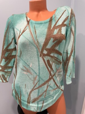 Chicos Women s 0 (small ) Aqua Blue Brown Bamboo Print sweater Top