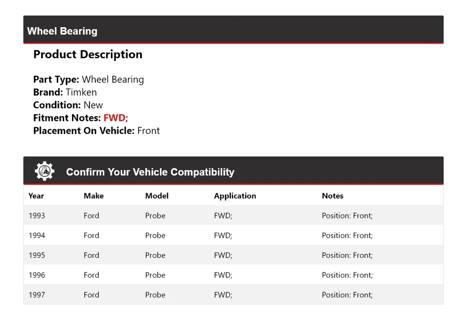 Передний подшипник колеса полного привода для 1993-1997 Ford Probe Timken 1994 1995 1996 - Изображение 2 из 4