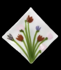 Fused Glass Trinket Dish 7” Jewelry Spring Flowers Bouquet Soap Plate Decor