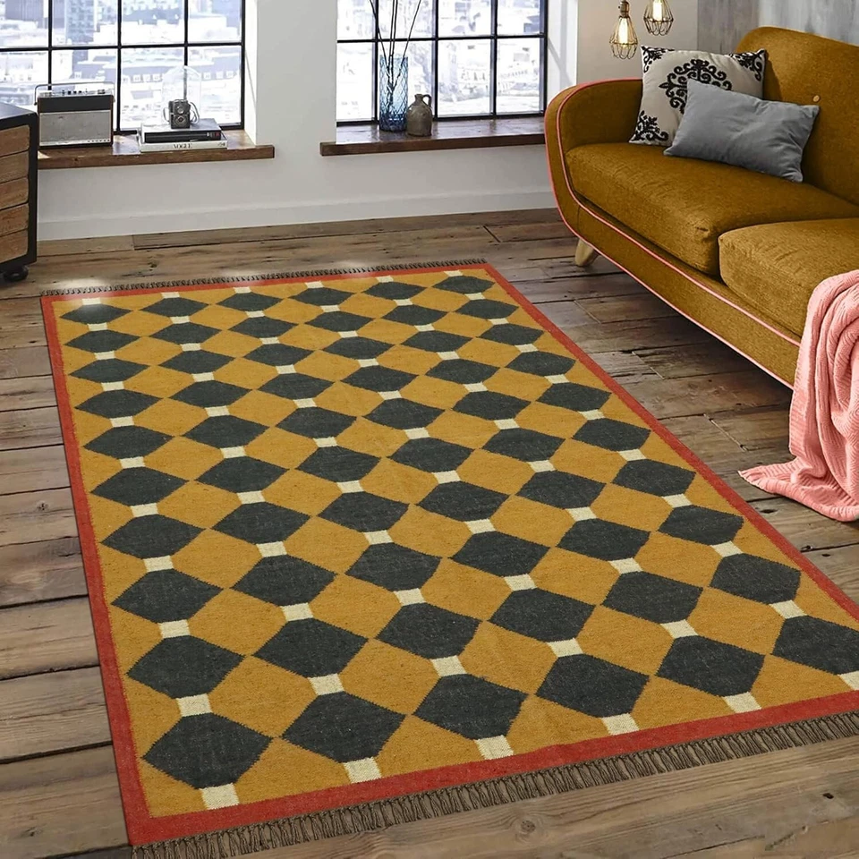 Alfombra grande de yute de lana alfombra 7x10 Kilim - amarillo negro lana natural yute mano Foto 2 de 4