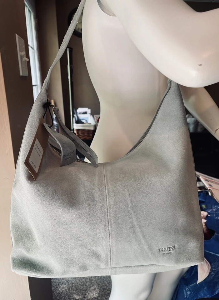 Margot New York 手袋皮革麂皮绒淡绿色 14 英寸 X13 英寸 Gabi Maxi 水饺包全新带标签 — 第 2/4 张图片