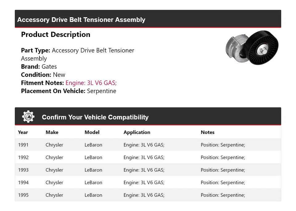 Conjunto de tensor de correa de transmisión puertas serpentinas para Chrysler LeBaron 1991-1995 Foto 2 de 4