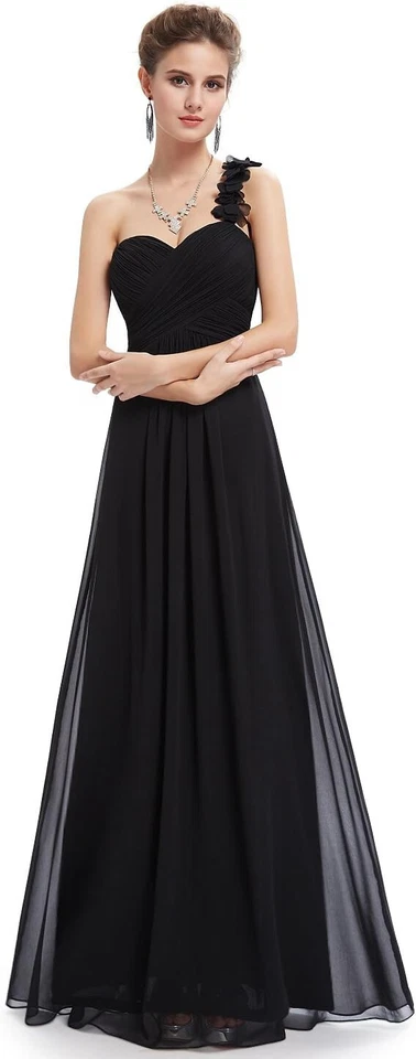 Когда-либо красивый одно плечо черный шифоновое собранными в Рюш вечернее платье для официальных приемов UK14 - Изображение 3 из 4