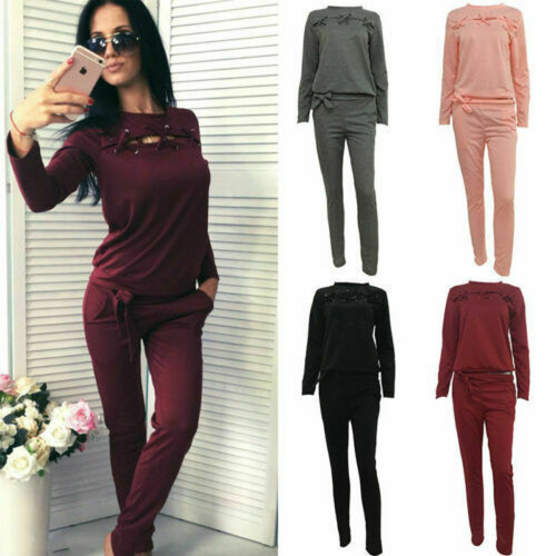 Ladies Tracksuit Set Loungewear Lace Up Sweatshirt Tops Pants Casual Comfy Suit - Picture 5 of 28