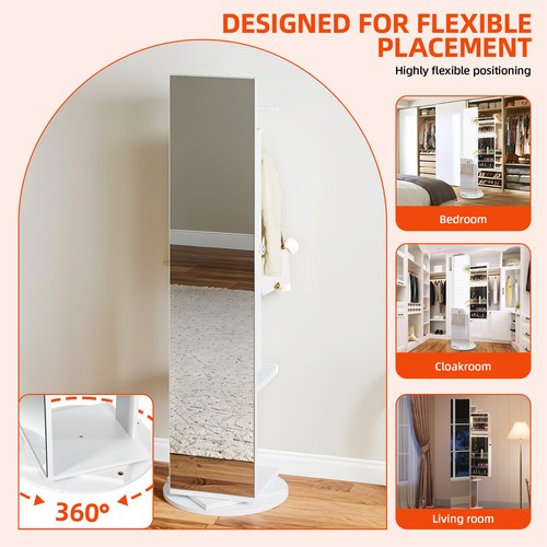 360° Rotating Jewelry Cabinet Full-Length Mirror Armoire Organizer w/ Rear Shelf - Picture 5 of 11