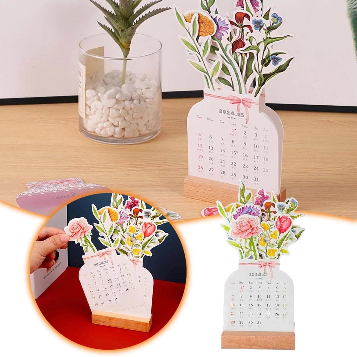 2024 Flowers On Desk Calendar Wooden Base Calendar Desktop Backside Can  Note | eBay