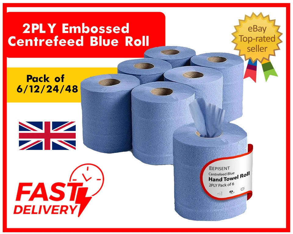 EPISENT Blue Centrefeed Rolls 2-Ply Multipack Pack, 110m Embossed Industrial Wiper UK