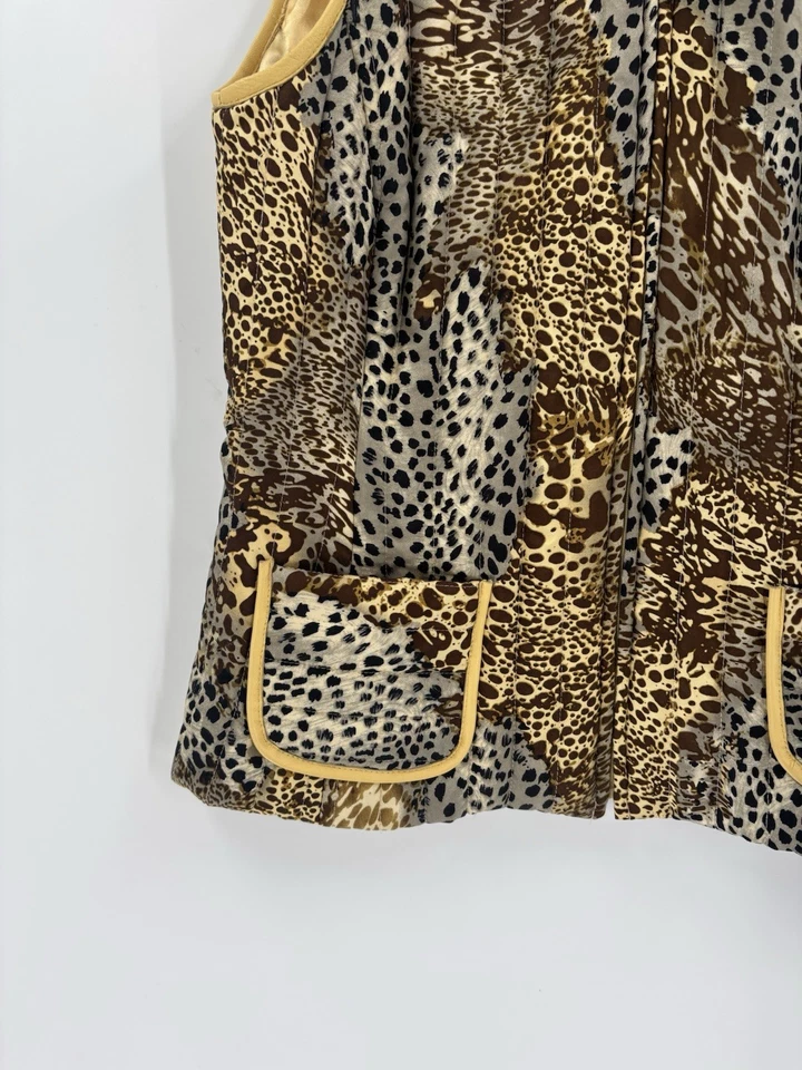 Chaleco Chaqueta Vintage Carlisle Mujer 8 Amarillo Marrón Estampado Animal 100% Seda Cremallera Foto 4 de 4