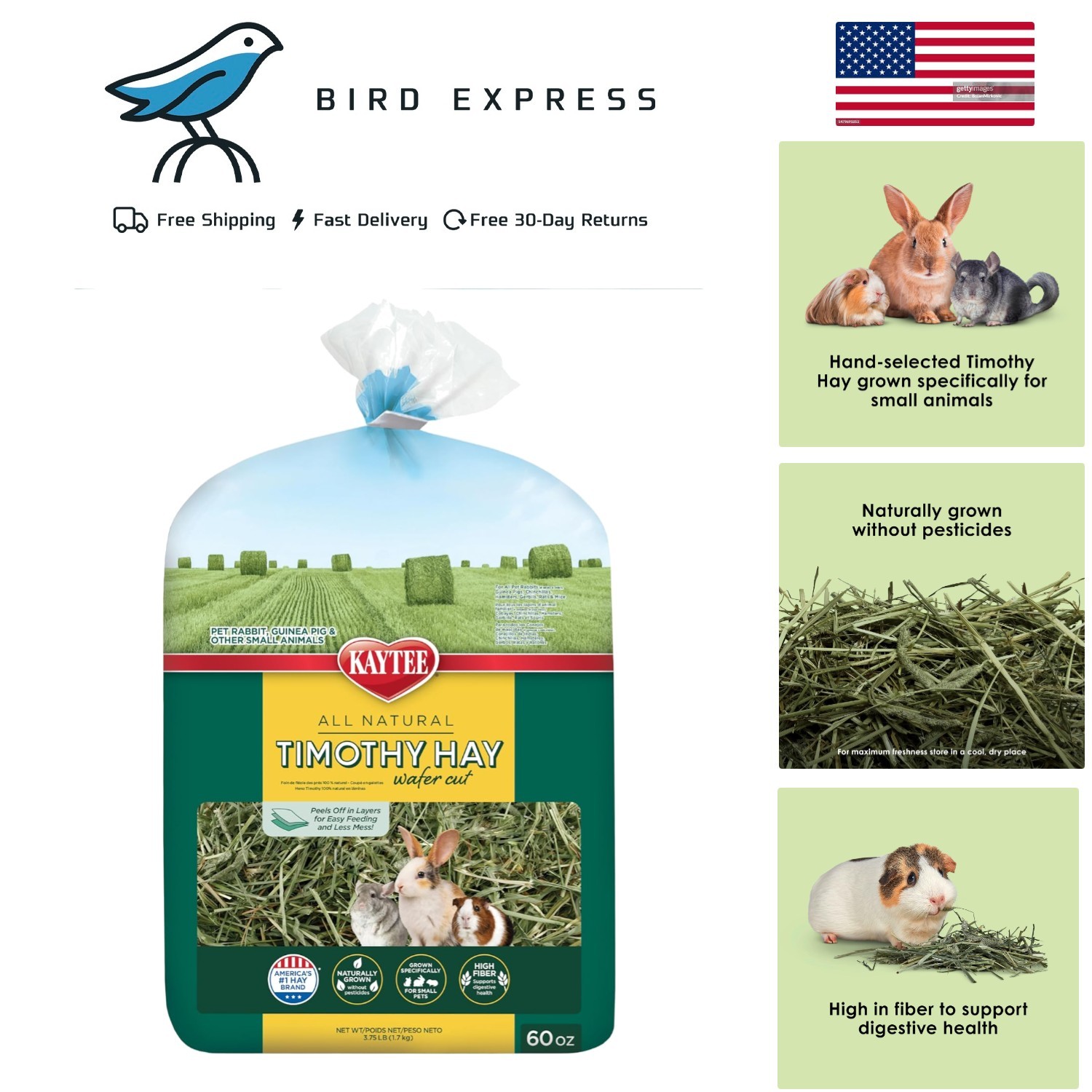 All Natural Timothy Hay for Rabbits Guinea Pigs Small Pets 60oz digestive health