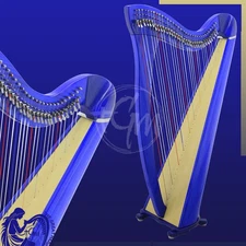 34 Strings Lever Harp Blue Daisy Model Round Back Design  Walnut Finish with