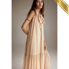 H&M Loose Fit Bow Collar Maxi Dress Chiffon Beige - H&M Original 2025