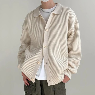 Autumn Winter Men Knitwear Cardigan Sweater Male Solid Color Turn-Down Col