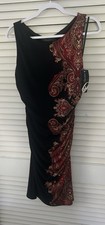Nine West Paisley Ruched Sheath Dress Black Red Gold Sleeveless Size 10